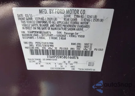 2011 Ford Taurus Sel z USA, uszkodzony, nr VIN 1FAHP2EW5BG166876